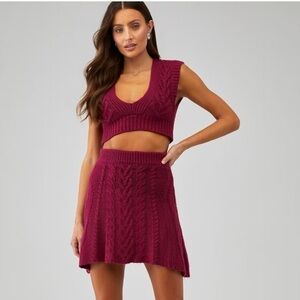 NWT FOR LOVE & LEMONS 🍋 Layton Cable Knit Rich Burgundy Cropped Vest & Skirt Set